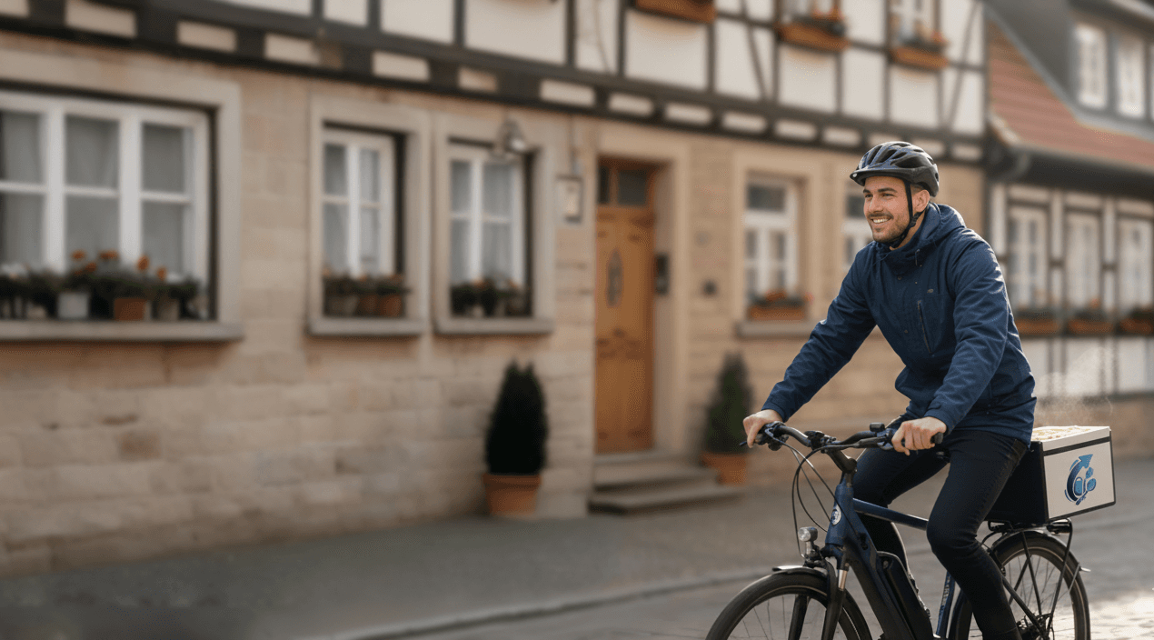 Fahrrad-Kurier von Ostbaron Chemnitz liefert frische Lebensmittel und warme Mahlzeiten in einer historischen Straße mit Fachwerkhäusern aus.